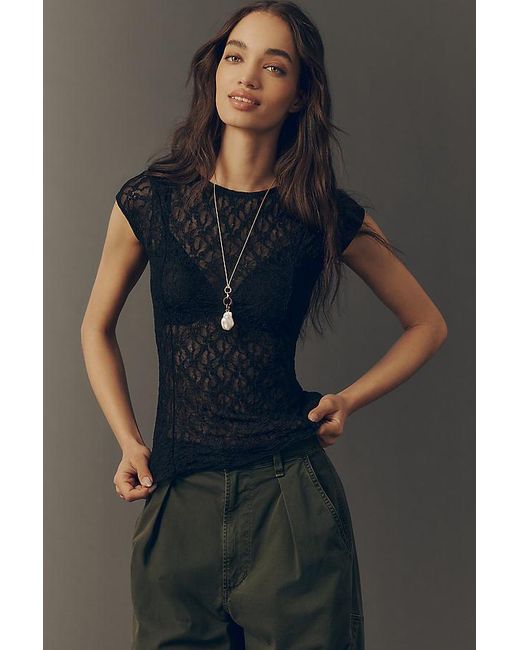 By Anthropologie Blue Sheer Lace Top