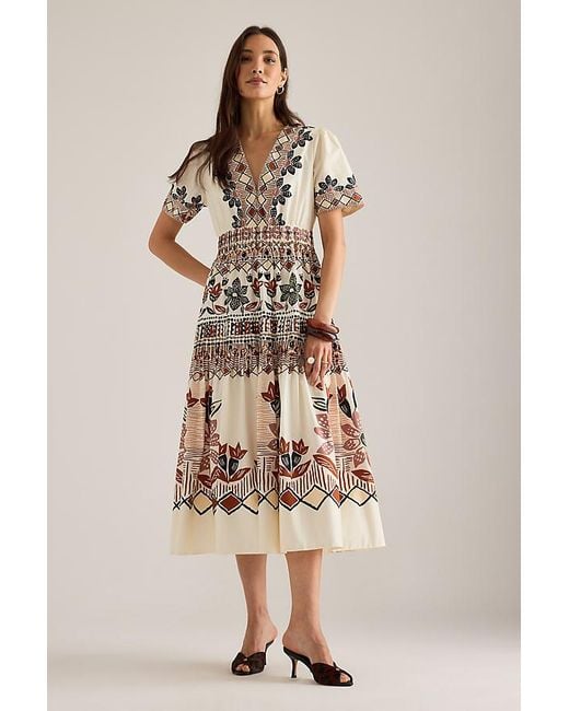 Farm Rio Natural Anika Short-Sleeve Midi Dress