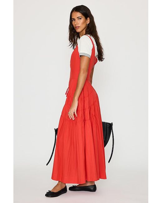 By Anthropologie Red Ruched Bow Midi Pinafore Dress