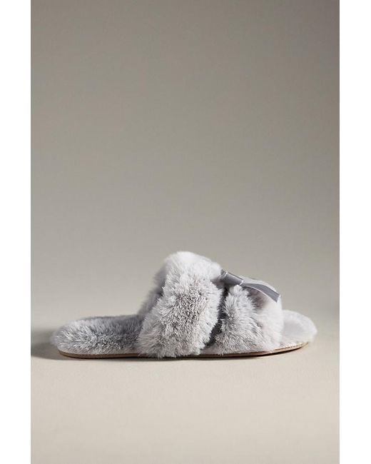 Maeve Gray Faux-Fur Open-Toe Bow Slippers