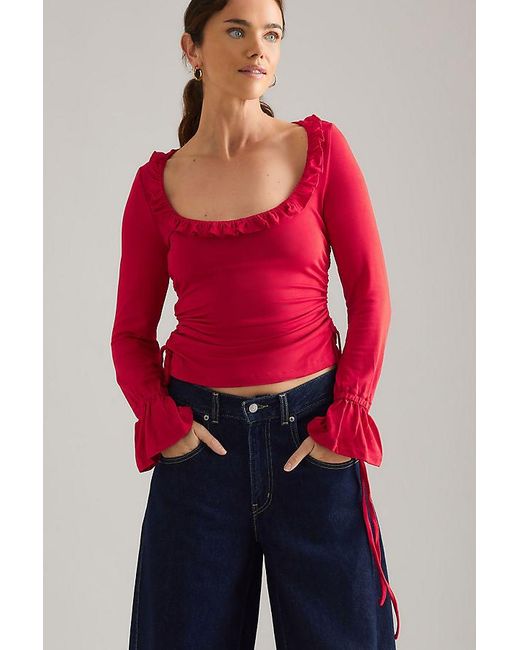 Maeve Red Long-Sleeve Scoop-Neck Ruched Top