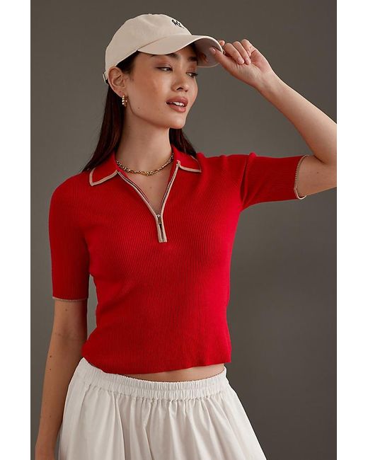 Anthropologie Red Luna Zip-Front Ribbed Polo Shirt