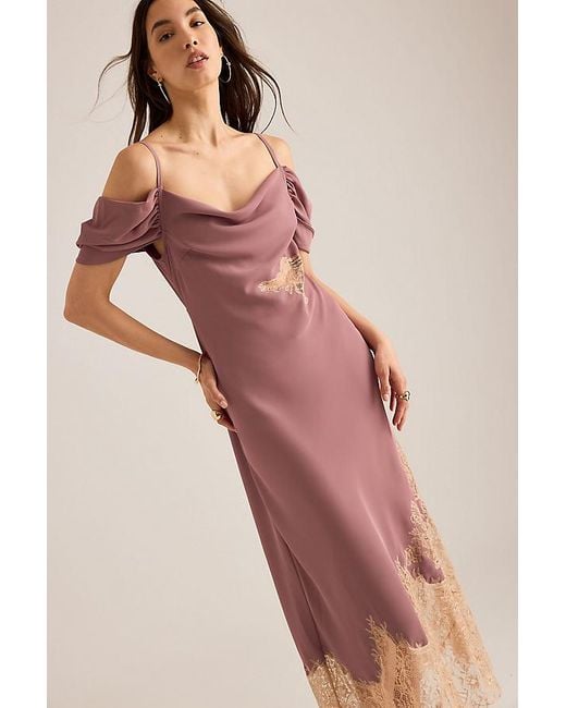 Bl-nk Natural Satin Off-Shoulder Lace Midi Dress