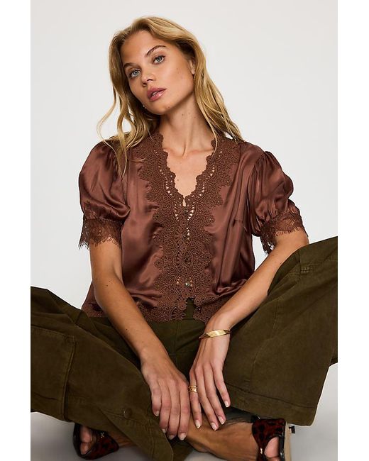 By Anthropologie Brown Stella Satin Lace-Trim Blouse