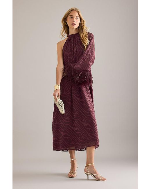 By Anthropologie Red Halter Feather-Cuff Maxi Dress