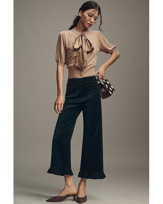Maeve Green The Colette Crop Velvet Ruffle-Hem Trousers By
