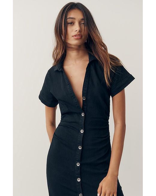 Pilcro Blue Short-Sleeve Ruched Denim Midi Shirt Dress