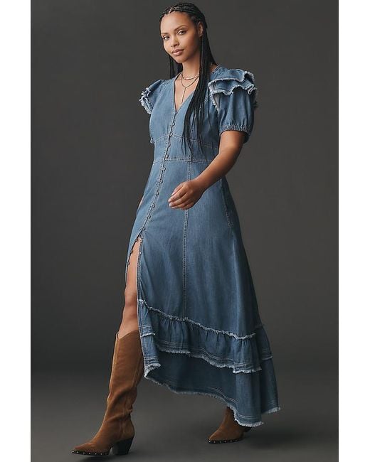 Pilcro Blue Short-Sleeve Ruffled Midi Shirtdress