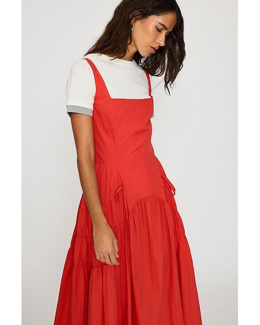 By Anthropologie Red Ruched Bow Midi Pinafore Dress