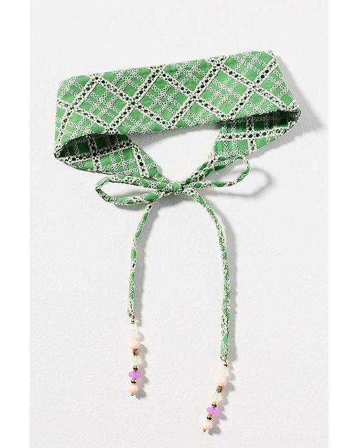 By Anthropologie Green Beaded Crochet Headscarf