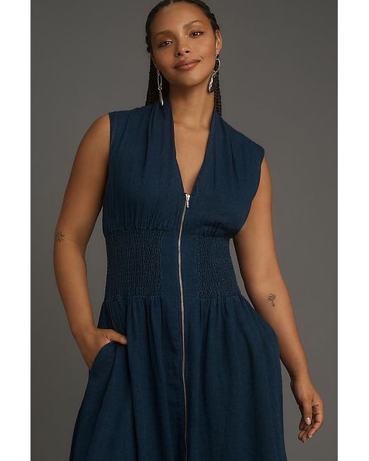 By Anthropologie Blue The Tommie Cap-Sleeve Smocked Front-Zip Midi Shirt Dress