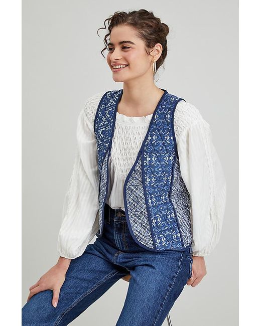 Anthropologie Blue Mixed-print Quilted Waistcoat