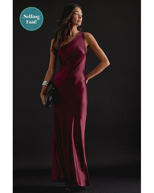 Anthropologie Black One-Shoulder Satin Maxi Slip Dress