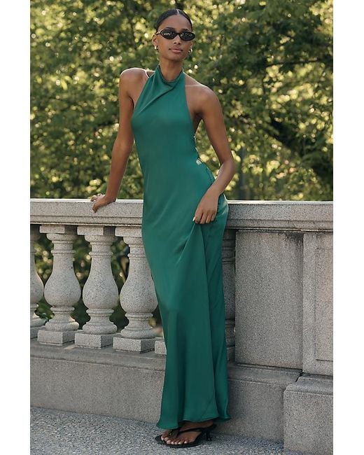 Maeve Green Cowl-Neck Satin Maxi Dress