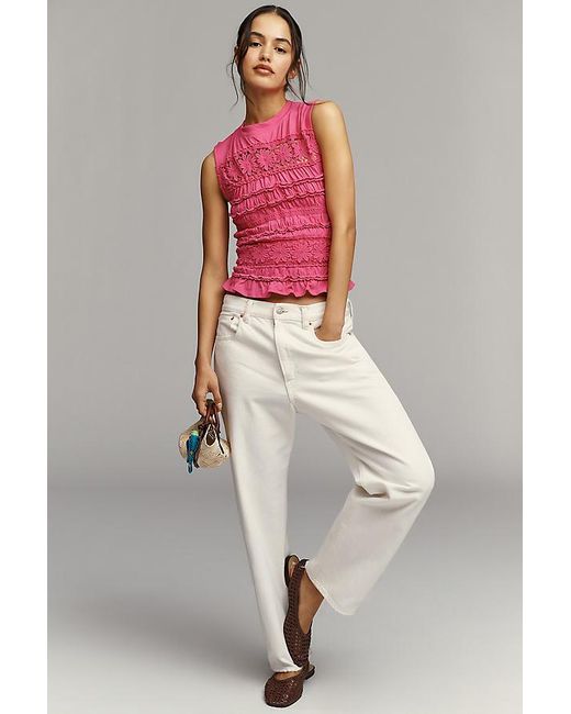 By Anthropologie Pink Smocked Lace Tank Top