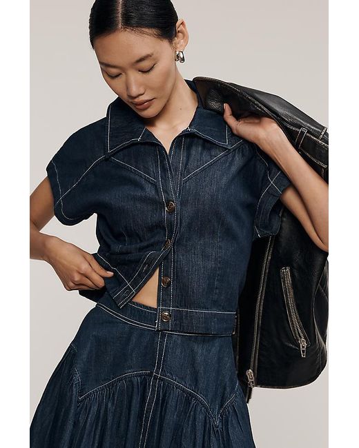 Maeve Blue Denim Short Sleeve Crop Button-Front Top