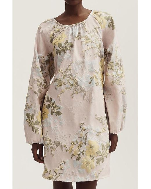 Siempre Gray Long-Sleeve Scoop-Neck Brocade Mini Dress