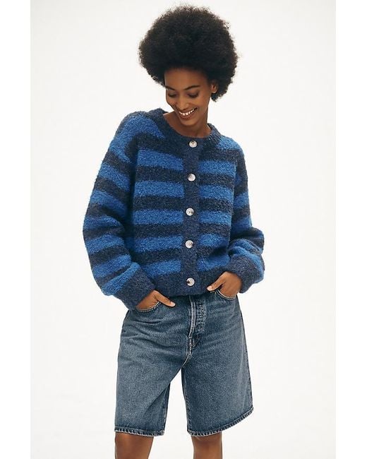 FRNCH Blue Crew-Neck Stripe Bouclé Cardigan