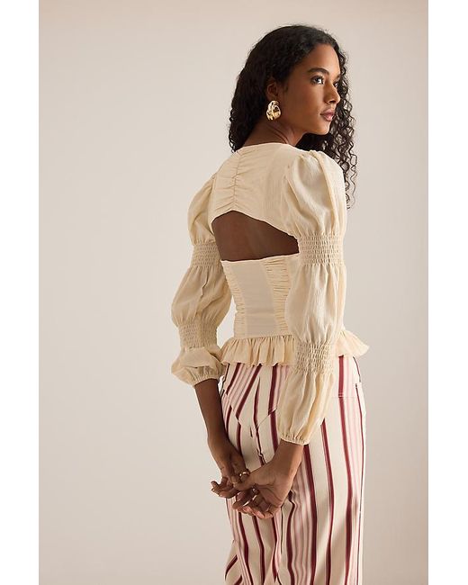 laagam Natural Mary Textured Puff-Sleeve Blouse