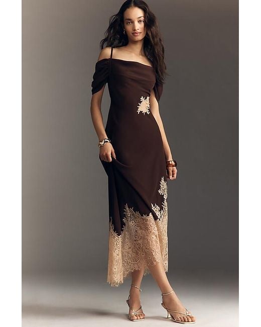 Bl-nk Black Satin Off-Shoulder Lace Midi Dress