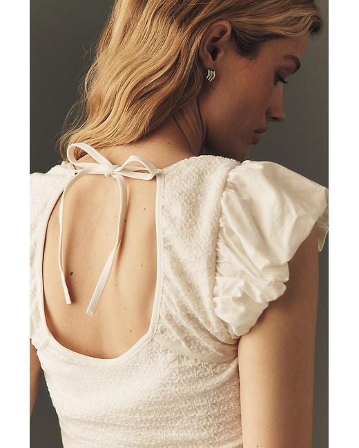 Maeve Brown Flutter-Sleeve Square-Neck Top