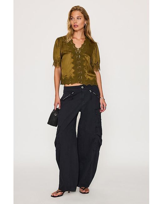 By Anthropologie Brown Stella Satin Lace-Trim Blouse