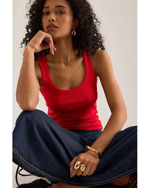 By Anthropologie Red Ribbed Scoop Tank Top