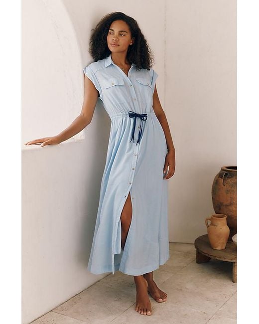 Celandine Blue Tie-Waist Maxi Shirt Dress