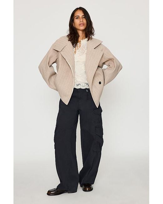 By Anthropologie Blue Funnel-Neck Stripe Wool-Blend Jacket