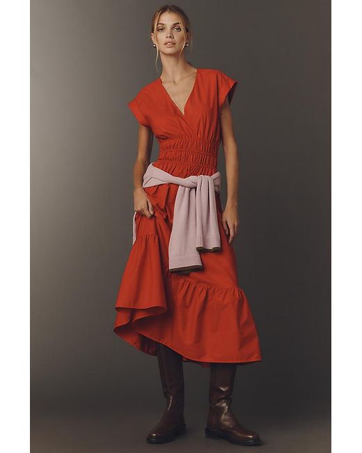 Maeve Gray Cap-Sleeve V-Neck Smocked Midi Dress