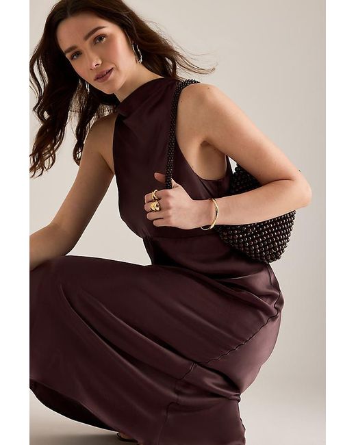 By Anthropologie Purple Milly Satin High-Neck Midi Dress