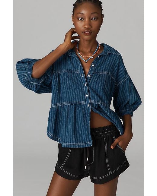 Pilcro Blue Short-Sleeve Curved-Hem Cocoon Blouse