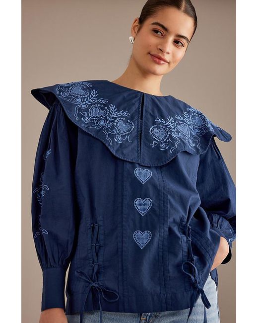 Damson Madder Blue Juliette Embroidered Scalloped Collar Cotton Blouse