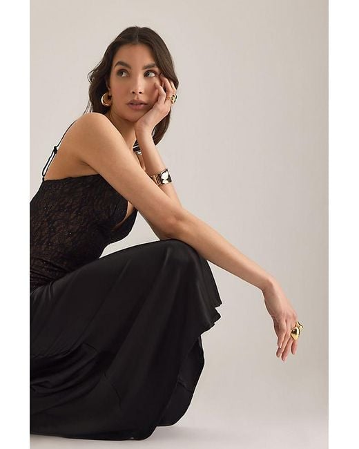 Bardot Black Aralia Satin Lace Asymmetric Maxi Dress
