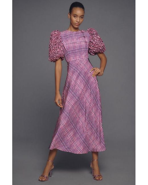 Celiab Purple Natura Puff-Sleeve Crew-Neck Midi Dress