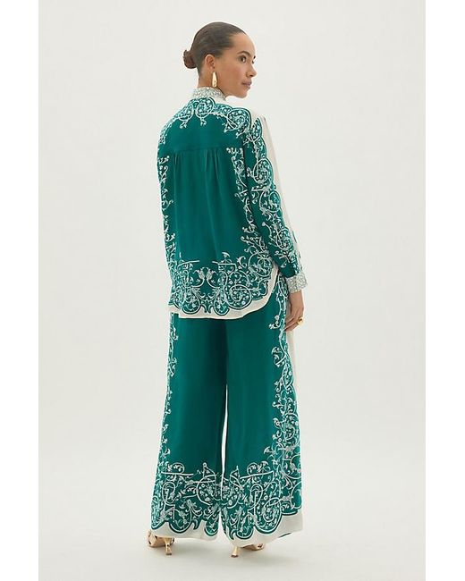 By Anthropologie Green Silky Printed Wide-Leg Trousers