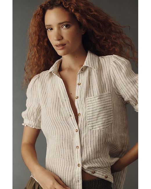 Pilcro Brown The Aly 100% European Linen Puff-Sleeve Blouse