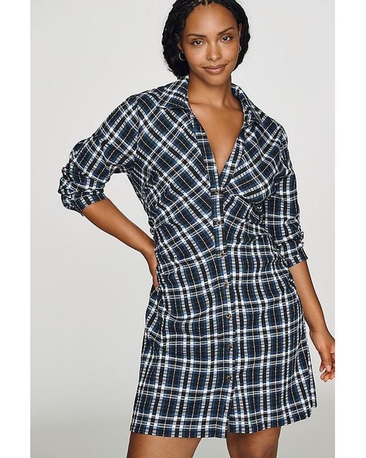 Pilcro Blue Ruched Mini Shirt Dress