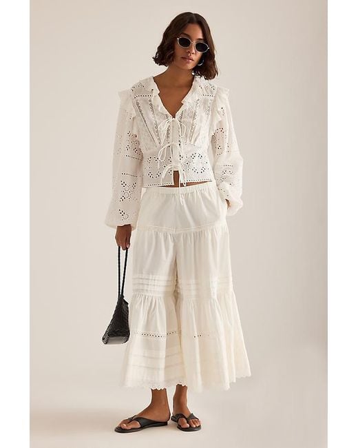 By Anthropologie White Ruffle Embroidered Tie-Front Blouse
