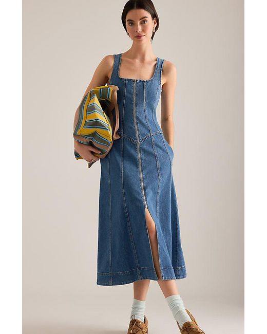 Pilcro Blue Denim Zip-Front Midi Dress