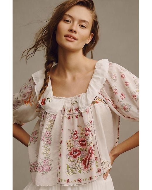 By Anthropologie Brown Puff-sleeve Collared Blouse