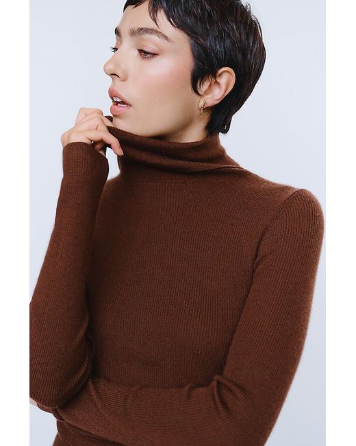 Maeve Brown 100% Cashmere Ribbed Turtleneck Top
