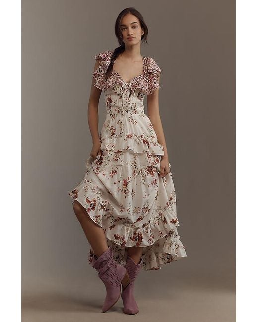Maeve Brown Ruffle-Sleeve V-Neck Lace-Up Midi Dress