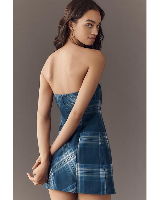 Aston Studio Blue Kaia Strapless Linen Cotton Mini Dress