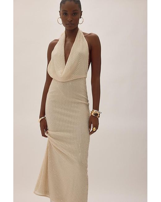 Bardot Natural Nola Sequin Cowl-Neck Maxi Dress