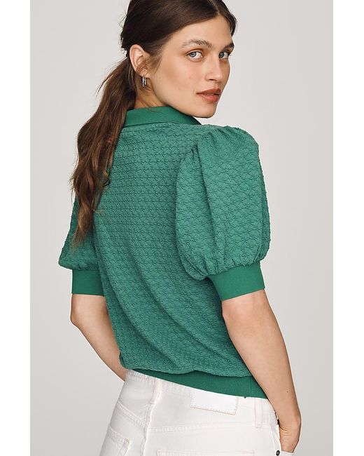 Maeve Green Puff-Sleeve Collared Top