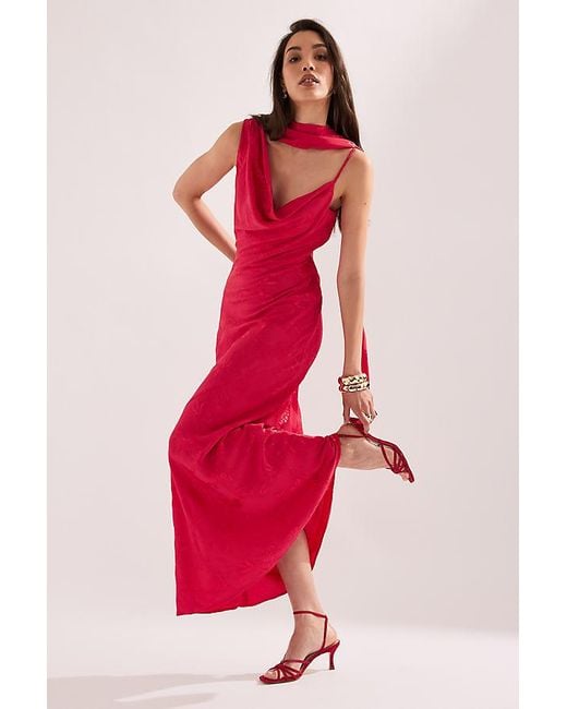 By Anthropologie Red Mindy Floral Jacquard Scarf-Neck Maxi Dress