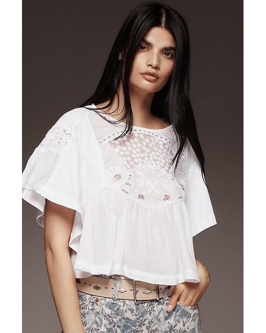 Maeve White Short-Sleeve Embellished Swing Top