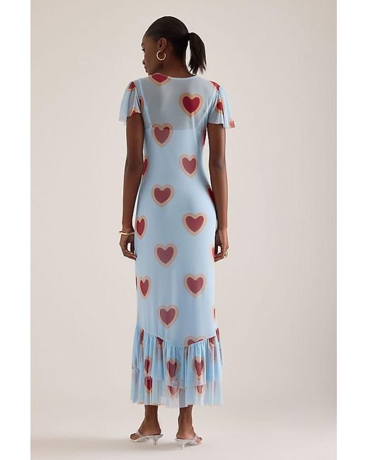 Never Fully Dressed Blue Katie Heart Print Mesh Maxi Dress