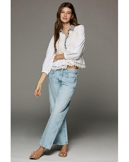Maeve Gray 100% Cotton Lace Placket Blouse